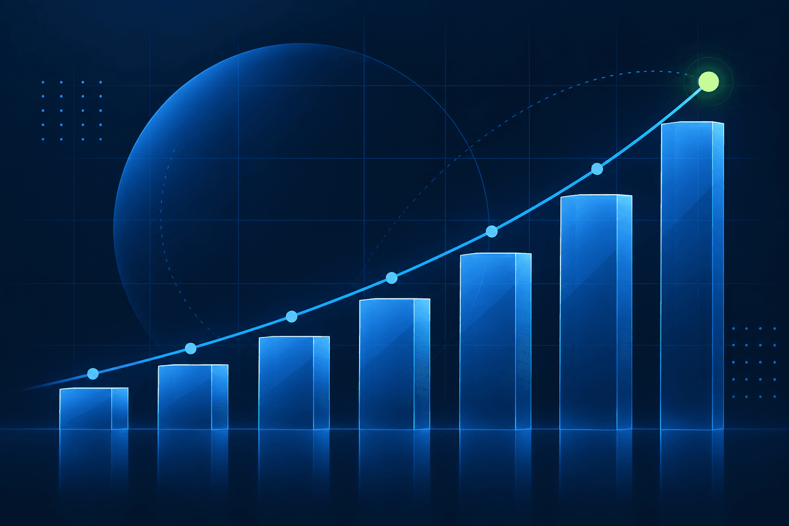 Blue bars and a rising line illustrating financial growth.