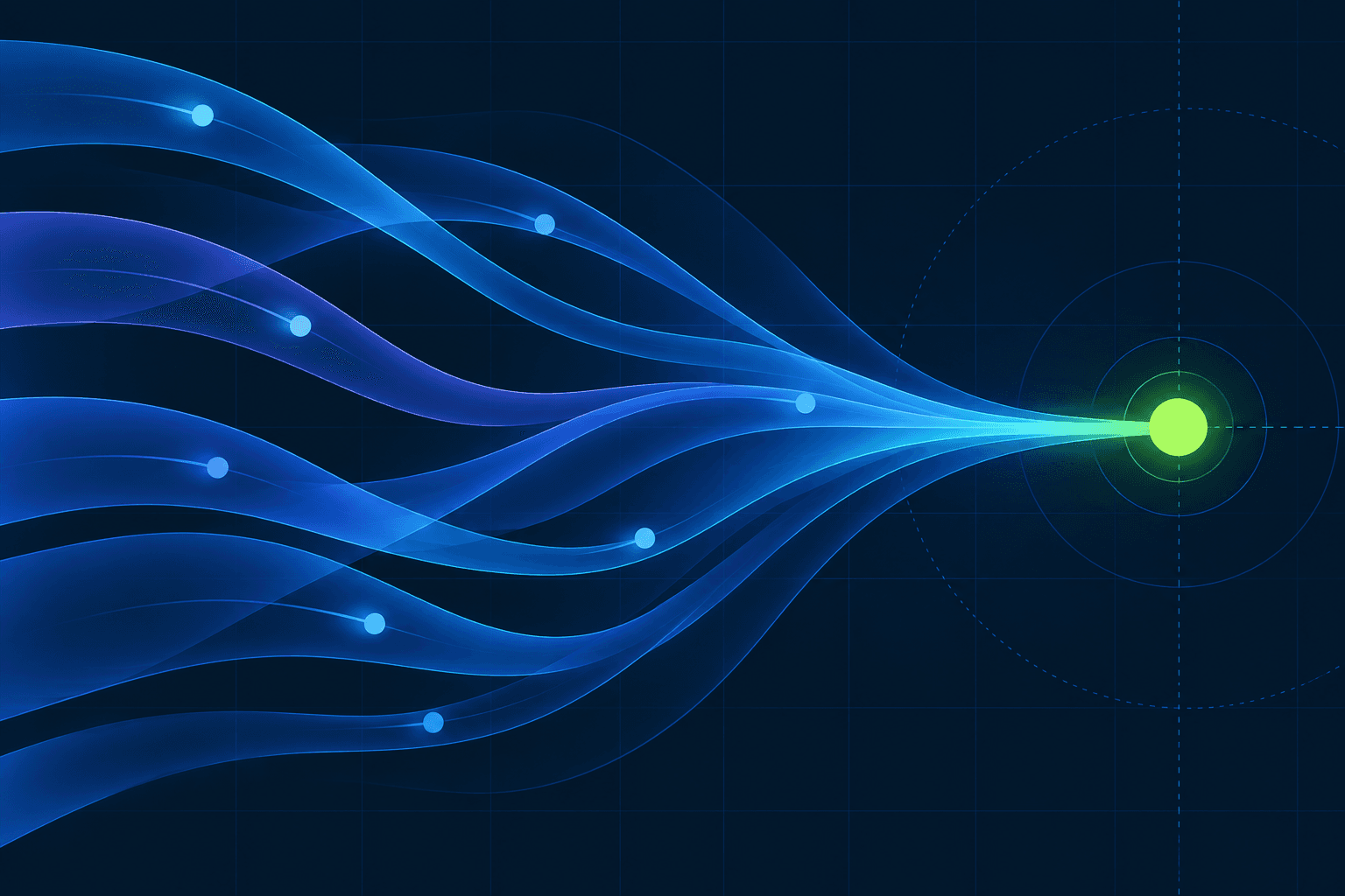Blue and violet data channels converging into a lime focal point, illustrating marketing attribution.