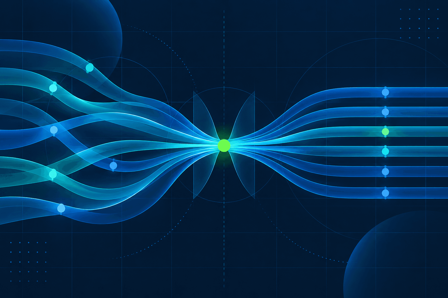 Data streams passing through a bottleneck into ordered lanes, illustrating operational efficiency.
